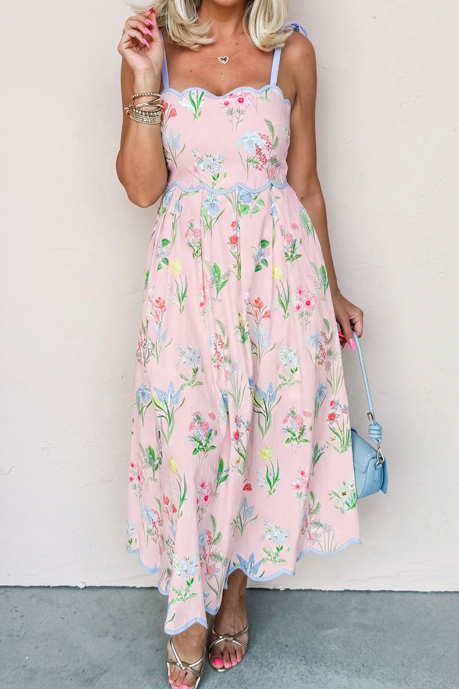 Yellow Floral Print Contrast Trim Self-tie Straps High Waist Midi Dress
