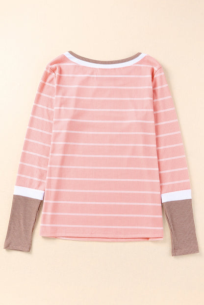 Brown Contrast Spliced Color Block Cuffs Rib Knit Top