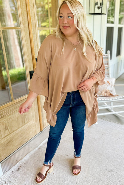 Smoke Gray Plus Size Ruffled Batwing Sleeve V Neck Blouse