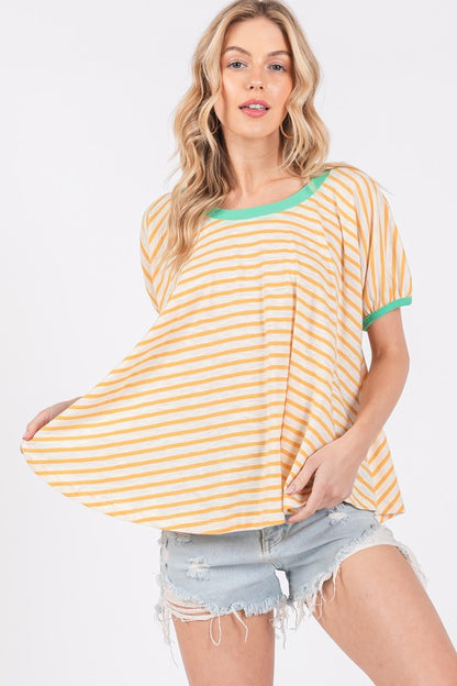 Ces Femme Striped Round Neck Short Sleeve T-Shirt