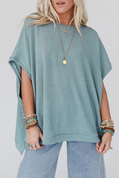 Sky Blue Plain Ribbed Knit Batwing Sleeve Tunic Oversized T Shirt