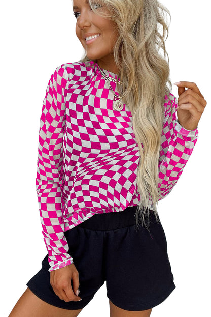 Khaki Checkered Pattern Mesh Long Sleeve Top