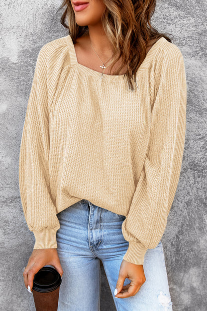 Apricot Waffle Texture Square Neck Pullover Top