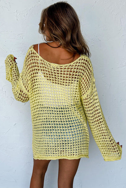 Yellow Knit Cut Out Crochet Long Sleeve Tunic Top