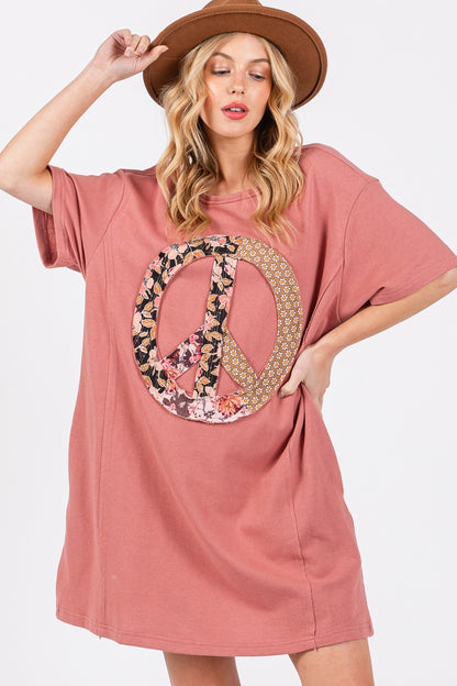 SAGE + FIG Full Size Peace Sign Applique Short Sleeve Tee Dress