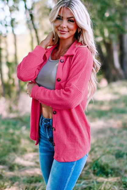 Hot Pink Pocket Buttons Front Waffle Knit Top