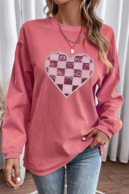 Strawberry Pink Checkered Heart Graphic Ribbed Valentines Sweatshirt