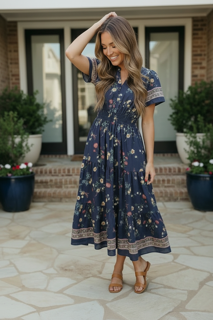 At the Summer Cottage Navy Floral Midi Dress