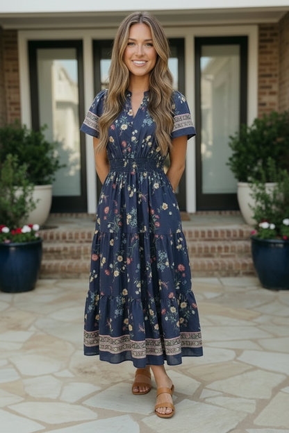 At the Summer Cottage Navy Floral Midi Dress