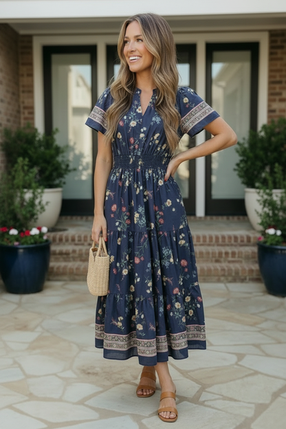 At the Summer Cottage Navy Floral Midi Dress