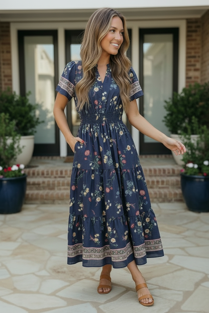 At the Summer Cottage Navy Floral Midi Dress