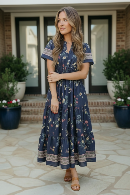 At the Summer Cottage Navy Floral Midi Dress