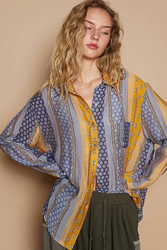 POL Multi Print Button Down Satin Top