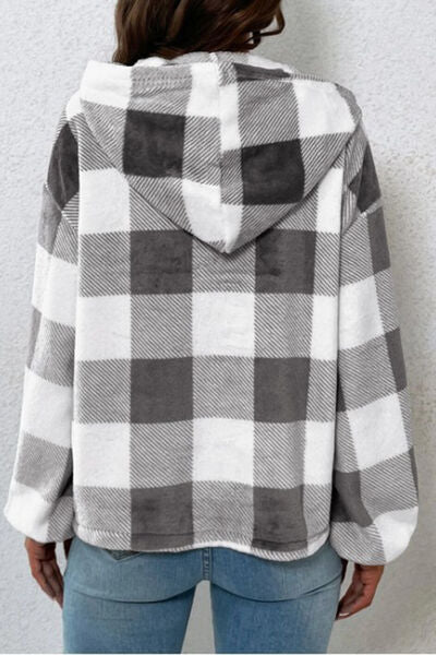 Plaid Quarter Button Dropped Shoulder Hoodie