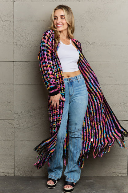 Multicolored Open Front Fringe Hem Cardigan