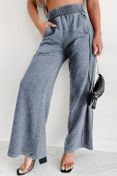 Elastic Waist Wide Leg Pants with Pockets