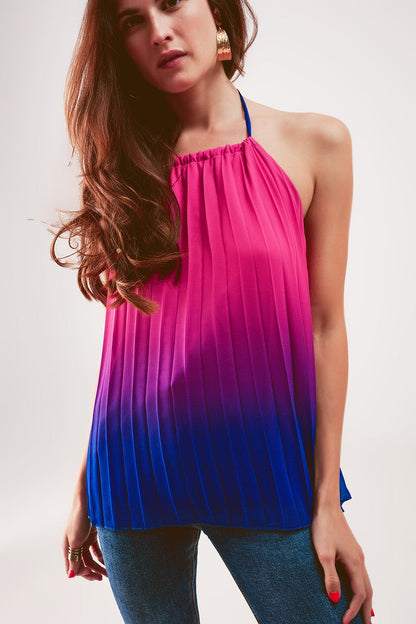 High Neck Pleat Top in Fuchsia Ombre