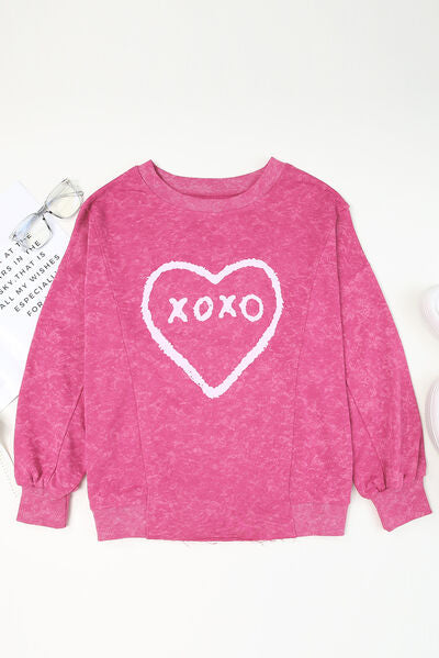 XOXO Heart Graphic Round Neck Long Sleeve Sweatshirt