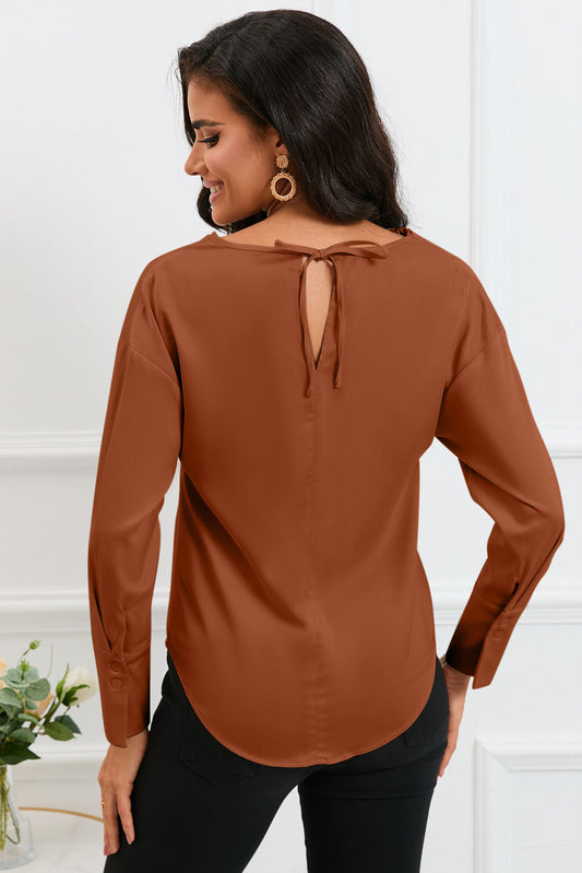 Cowl Neck Dropped Shoulder Long Sleeve Back Tie Blouse