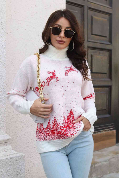 Reindeer & Snow Pattern Turtle Neck Pullover Sweater