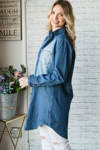 Veveret Pocketed Button Up Washed Denim Shirt