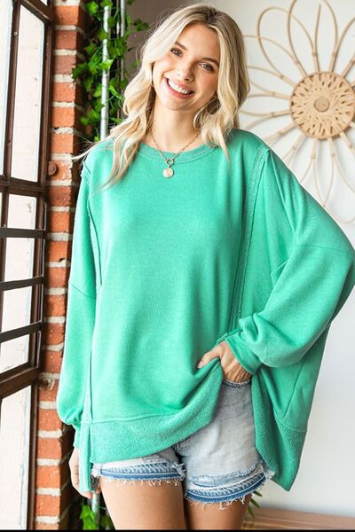 First Love Exposed Seam Round Neck Dropped Shoulder Blouse