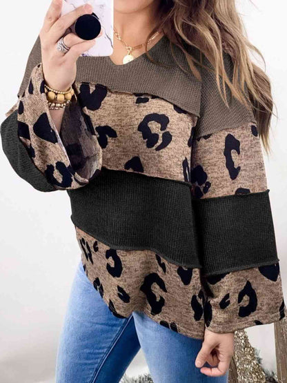 Color Block Leopard V-Neck Blouse