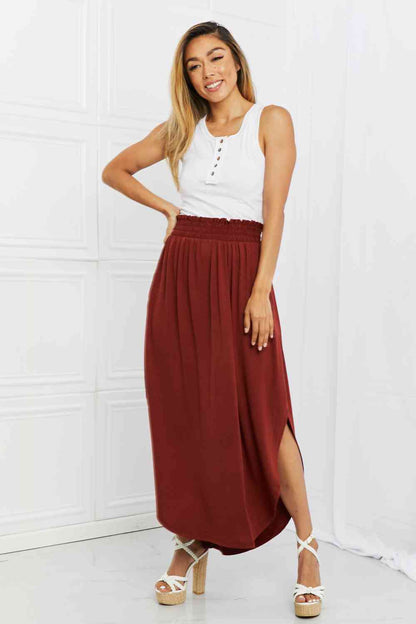 Zenana It's My Time Full Size Side Scoop Scrunch Skirt in Dark Rust