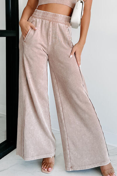 Elastic Waist Wide Leg Pants with Pockets