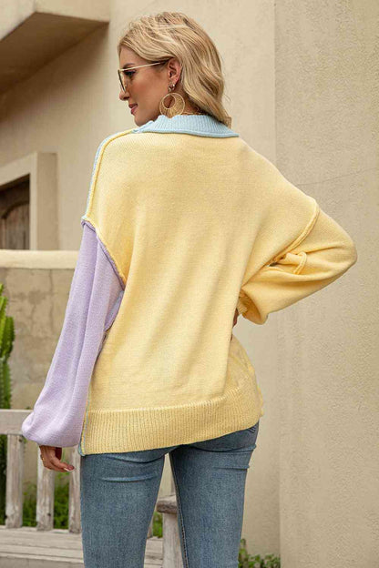 Color Block Round Neck Dropped Shoulder Sweater