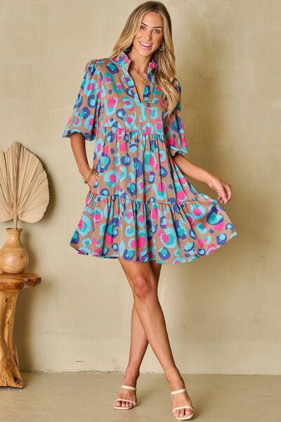 Notched Balloon Sleeve Mini Dress