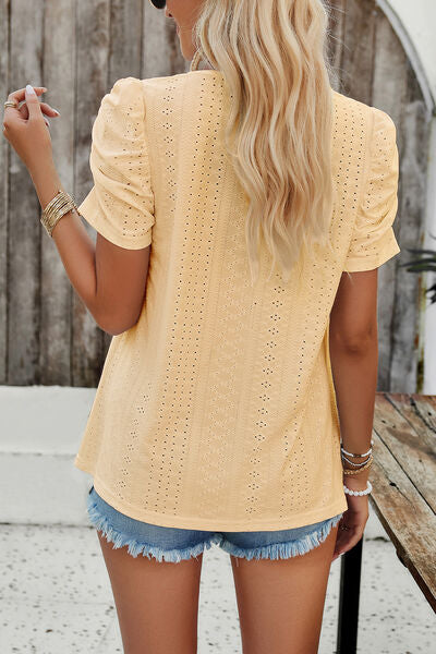 Eyelet Square Neck Puff Sleeve T-Shirt