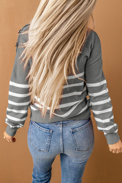 Striped Decorative Button Mock Neck Sweater