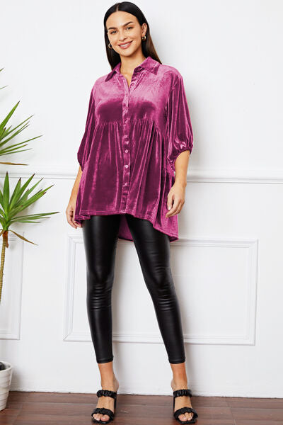 Velvet Tiered Button Up Collared Neck Shirt