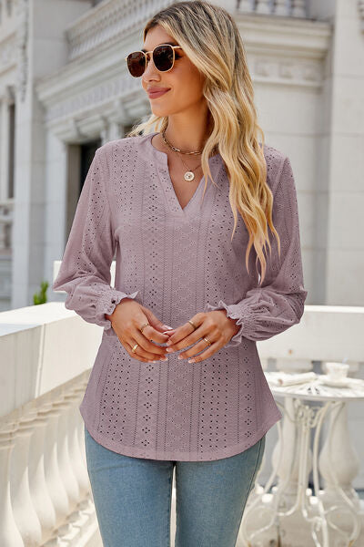 Eyelet Notched Lantern Sleeve T-Shirt