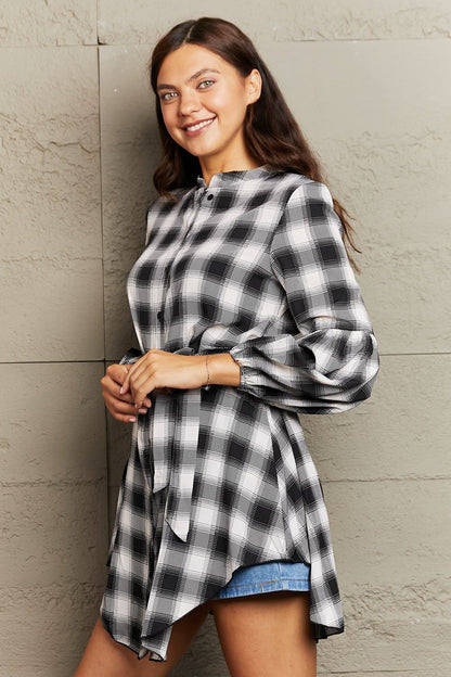 Plaid Tie Waist Lantern Sleeve Mini Dress