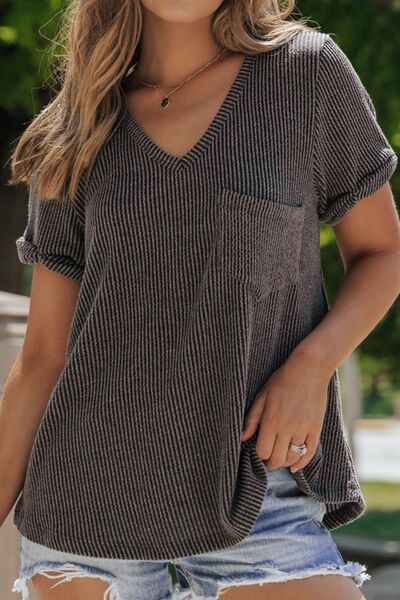 Textured V-Neck Short Sleeve T-Shirt