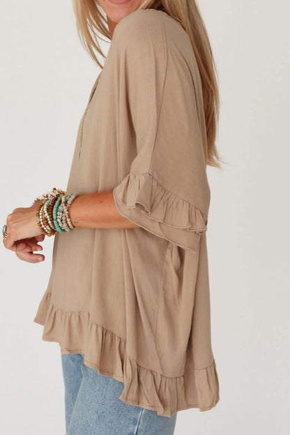 Ruffled V-Neck Half Sleeve Blouse