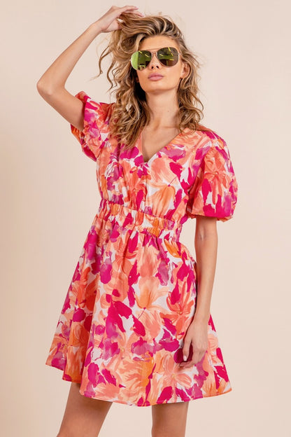 BiBi Floral V-Neck Puff Sleeve Mini Dress