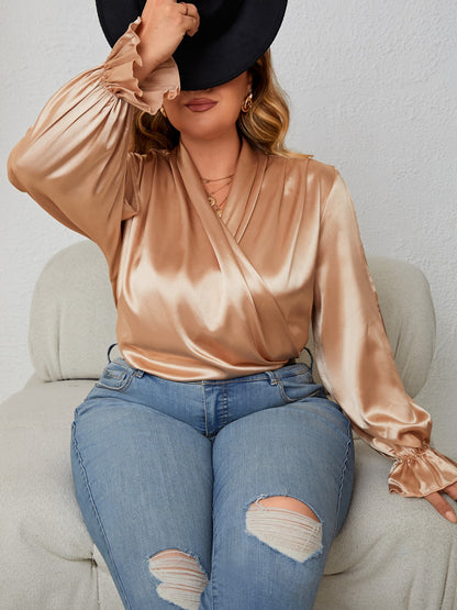 Plus Size Surplice Neck Flounce Sleeve Blouse