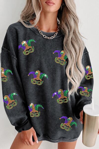 Printed Sequin Round Neck Dropped Shoulder Sweatshirt