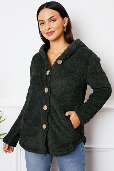 Fuzzy Button Up Hooded Outerwear