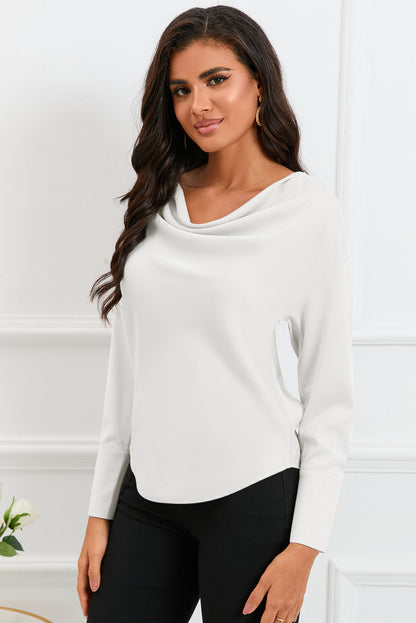 Cowl Neck Dropped Shoulder Long Sleeve Back Tie Blouse