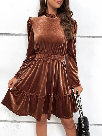 Smocked Long Sleeve Ruffle Hem Dress