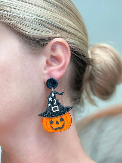 PREORDER: Glitter Witch Hat Pumpkin Dangle Earrings