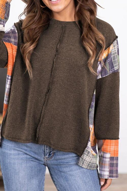 Plaid Exposed Seam Round Neck Sweatshirt