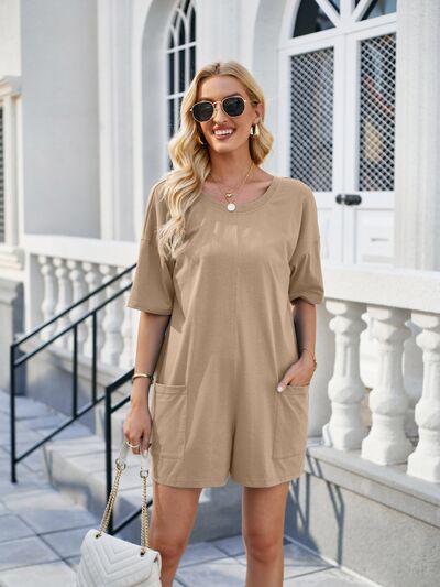 Backless Pocketed Round Neck Half Sleeve Romper