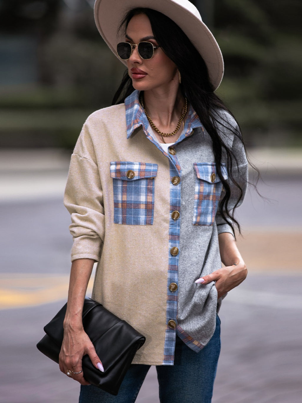 Plaid Contrast Drop Shoulder Shacket