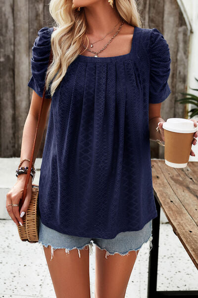 Eyelet Square Neck Puff Sleeve T-Shirt