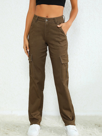 Full Size Button Fly Cargo Jeans - Chocolate